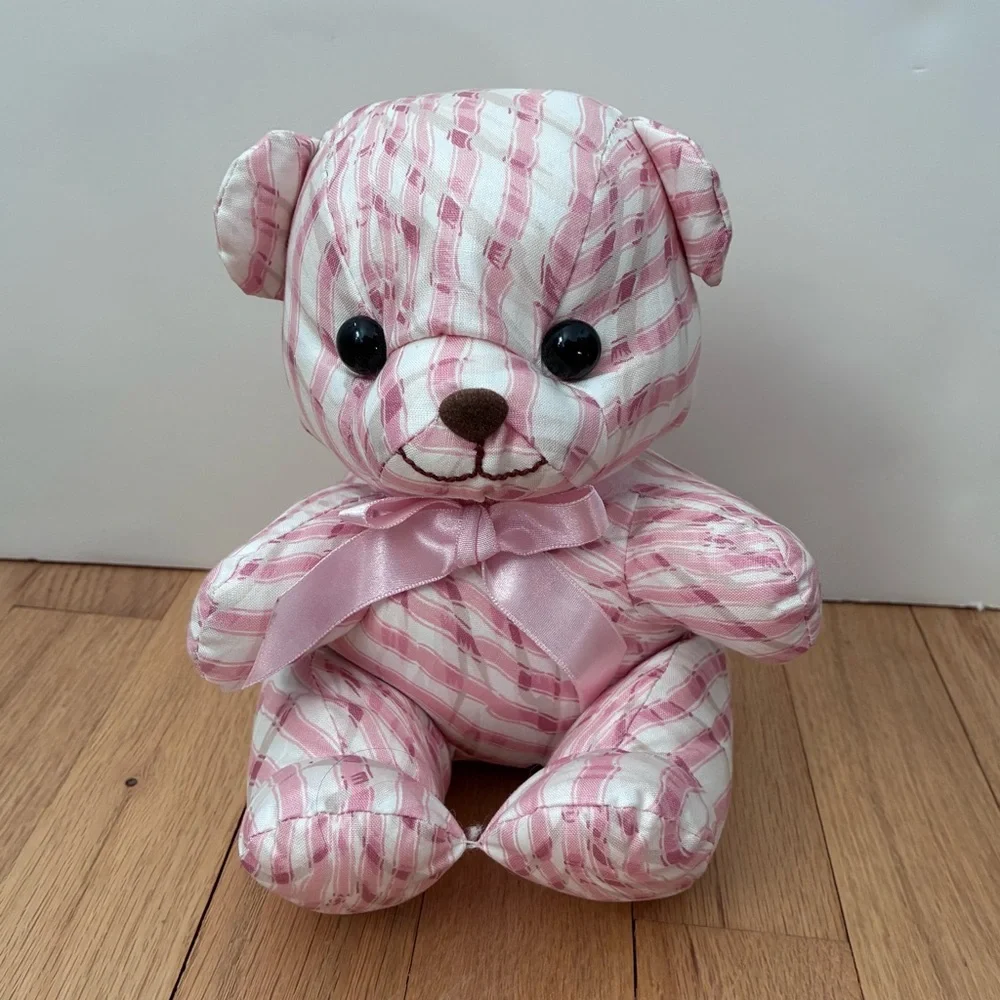 NWOT Saks Fifth Avenue Vintage Pink/White w/It. tan Striped Bear, stuffed muslin